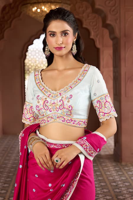 Buy Aariyana Couture Pink Silk, Modal, Satin, Kota Doria Embroidery Floral Thread Saree With Blouse Buy_Aariyana Couture_Pink Silk, Modal, Satin, Kota Doria Embroidery Floral Thread Saree With Blouse