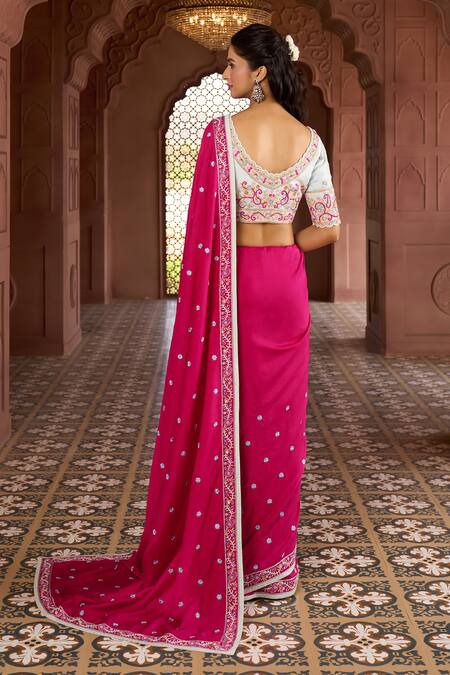 Shop Aariyana Couture Pink Silk, Modal, Satin, Kota Doria Embroidery Floral Thread Saree With Blouse Shop_Aariyana Couture_Pink Silk, Modal, Satin, Kota Doria Embroidery Floral Thread Saree With Blouse