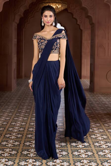 Aariyana Couture_Blue Viscose, Crepe Embroidery Off-shoulder Pre-draped Saree With Floral Blouse_Online_at_Aza_Fashions