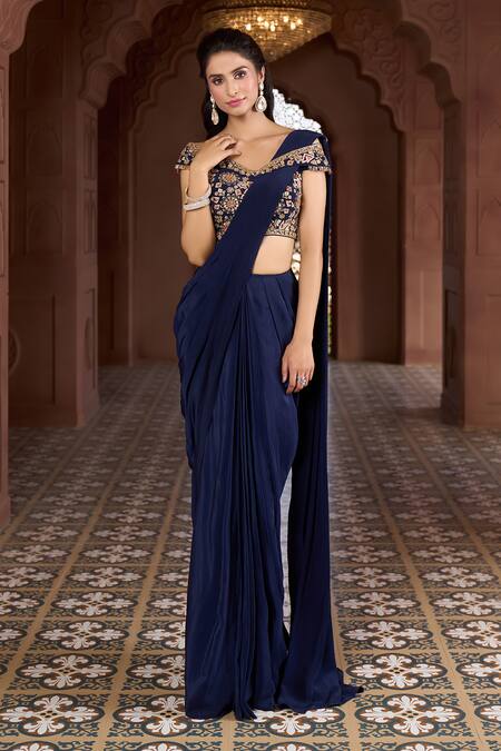 Buy_Aariyana Couture_Blue Viscose, Crepe Embroidery Off-shoulder Pre-draped Saree With Floral Blouse_Online_at_Aza_Fashions