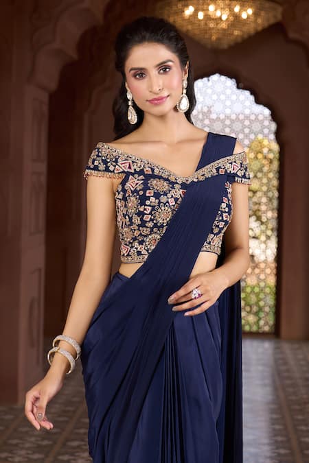 Aariyana Couture_Blue Viscose, Crepe Embroidery Off-shoulder Pre-draped Saree With Floral Blouse_at_Aza_Fashions