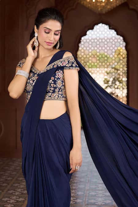 Shop_Aariyana Couture_Blue Viscose, Crepe Embroidery Off-shoulder Pre-draped Saree With Floral Blouse