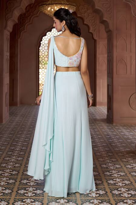 Shop Aariyana Couture Blue Georgette Embroidery Asymmetric Pleated Skirt And Draped Blouse at Aza Fashions Shop_Aariyana Couture_Blue Georgette Embroidery Asymmetric Pleated Skirt And Draped Blouse_at_Aza_Fashions