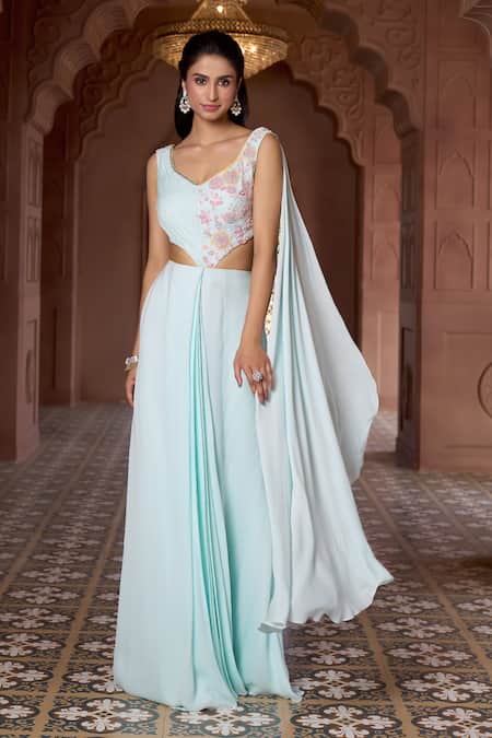 Aariyana Couture Blue Georgette Embroidery Asymmetric Pleated Skirt And Draped Blouse Online at Aza Fashions Aariyana Couture_Blue Georgette Embroidery Asymmetric Pleated Skirt And Draped Blouse_Online_at_Aza_Fashions