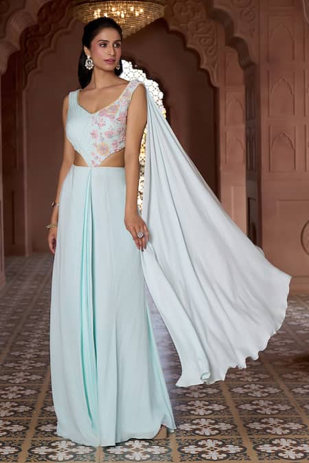 Shop Aariyana Couture Blue Georgette Embroidery Asymmetric Pleated Skirt And Draped Blouse Online at Aza Fashions Shop_Aariyana Couture_Blue Georgette Embroidery Asymmetric Pleated Skirt And Draped Blouse_Online_at_Aza_Fashions
