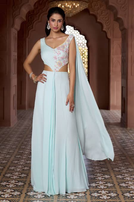 Aariyana Couture Blue Georgette Embroidery Asymmetric Pleated Skirt And Draped Blouse at Aza Fashions Aariyana Couture_Blue Georgette Embroidery Asymmetric Pleated Skirt And Draped Blouse_at_Aza_Fashions