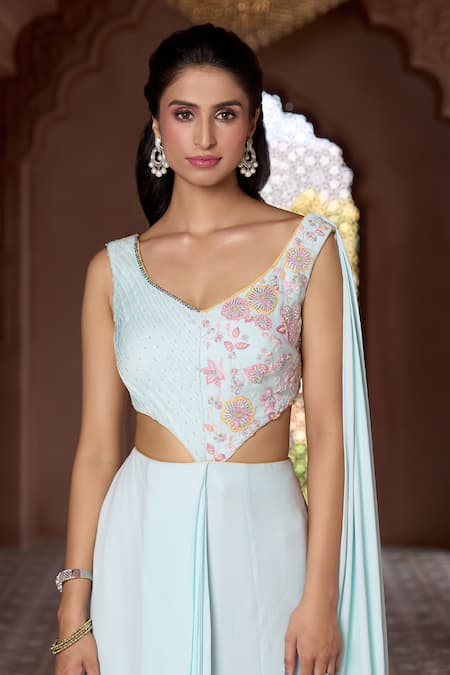 Buy Aariyana Couture Blue Georgette Embroidery Asymmetric Pleated Skirt And Draped Blouse Buy_Aariyana Couture_Blue Georgette Embroidery Asymmetric Pleated Skirt And Draped Blouse