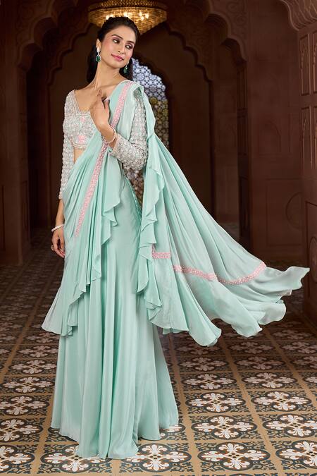 Aariyana Couture Blue Viscose Embroidery, Beads V-neck Ruffled Lehenga Saree With Blouse Online at Aza Fashions Aariyana Couture_Blue Viscose Embroidery, Beads V-neck Ruffled Lehenga Saree With Blouse_Online_at_Aza_Fashions