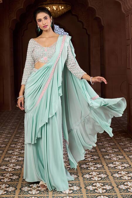 Buy Aariyana Couture Blue Viscose Embroidery, Beads V-neck Ruffled Lehenga Saree With Blouse Online at Aza Fashions Buy_Aariyana Couture_Blue Viscose Embroidery, Beads V-neck Ruffled Lehenga Saree With Blouse_Online_at_Aza_Fashions