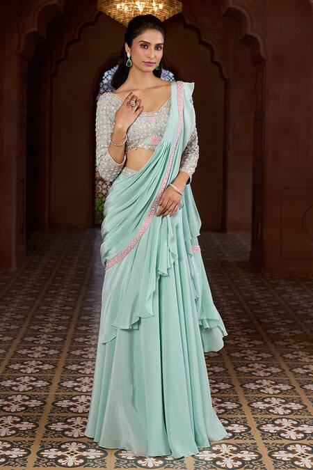 Aariyana Couture Blue Viscose Embroidery, Beads V-neck Ruffled Lehenga Saree With Blouse at Aza Fashions Aariyana Couture_Blue Viscose Embroidery, Beads V-neck Ruffled Lehenga Saree With Blouse_at_Aza_Fashions