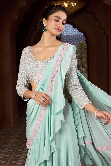 Buy Aariyana Couture Blue Viscose Embroidery, Beads V-neck Ruffled Lehenga Saree With Blouse Buy_Aariyana Couture_Blue Viscose Embroidery, Beads V-neck Ruffled Lehenga Saree With Blouse