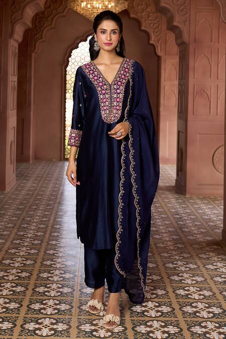 Aariyana Couture Blue Silk, Chanderi, Viscose Sequins, Embroidery V-neck Kurta Set Online at Aza Fashions Aariyana Couture_Blue Silk, Chanderi, Viscose Sequins, Embroidery V-neck Kurta Set_Online_at_Aza_Fashions
