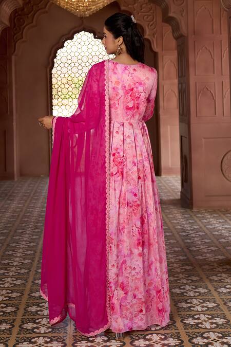 Shop Aariyana Couture Pink Silk, Chanderi, Chiffon Lace, Cherry Blossom Print Anarkali With Dupatta at Aza Fashions Shop_Aariyana Couture_Pink Silk, Chanderi, Chiffon Lace, Cherry Blossom Print Anarkali With Dupatta_at_Aza_Fashions