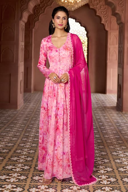 Aariyana Couture Pink Silk, Chanderi, Chiffon Lace, Cherry Blossom Print Anarkali With Dupatta Online at Aza Fashions Aariyana Couture_Pink Silk, Chanderi, Chiffon Lace, Cherry Blossom Print Anarkali With Dupatta_Online_at_Aza_Fashions
