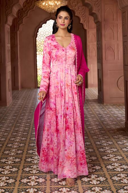 Buy Aariyana Couture Pink Silk, Chanderi, Chiffon Lace, Cherry Blossom Print Anarkali With Dupatta Online at Aza Fashions Buy_Aariyana Couture_Pink Silk, Chanderi, Chiffon Lace, Cherry Blossom Print Anarkali With Dupatta_Online_at_Aza_Fashions