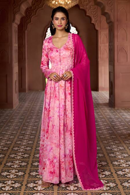 Shop Aariyana Couture Pink Silk, Chanderi, Chiffon Lace, Cherry Blossom Print Anarkali With Dupatta Online at Aza Fashions Shop_Aariyana Couture_Pink Silk, Chanderi, Chiffon Lace, Cherry Blossom Print Anarkali With Dupatta_Online_at_Aza_Fashions