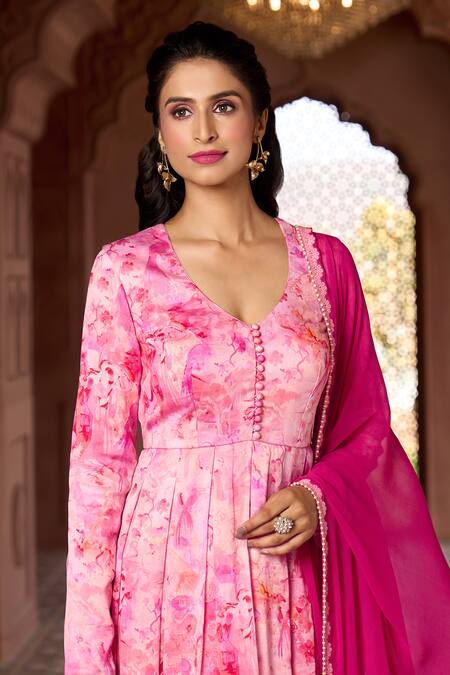 Aariyana Couture Pink Silk, Chanderi, Chiffon Lace, Cherry Blossom Print Anarkali With Dupatta at Aza Fashions Aariyana Couture_Pink Silk, Chanderi, Chiffon Lace, Cherry Blossom Print Anarkali With Dupatta_at_Aza_Fashions