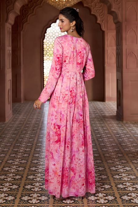 Shop Aariyana Couture Pink Silk, Chanderi, Chiffon Lace, Cherry Blossom Print Anarkali With Dupatta Shop_Aariyana Couture_Pink Silk, Chanderi, Chiffon Lace, Cherry Blossom Print Anarkali With Dupatta