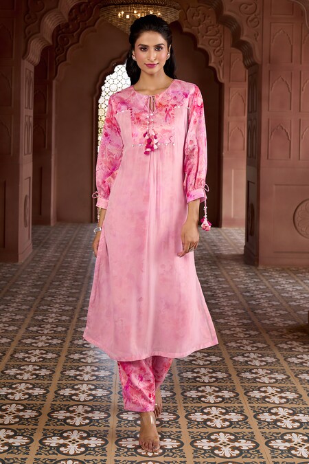Aariyana Couture Pink Kurta Silk Chanderi And Viscose Organza Printed Cherry Blossom & Pant Set