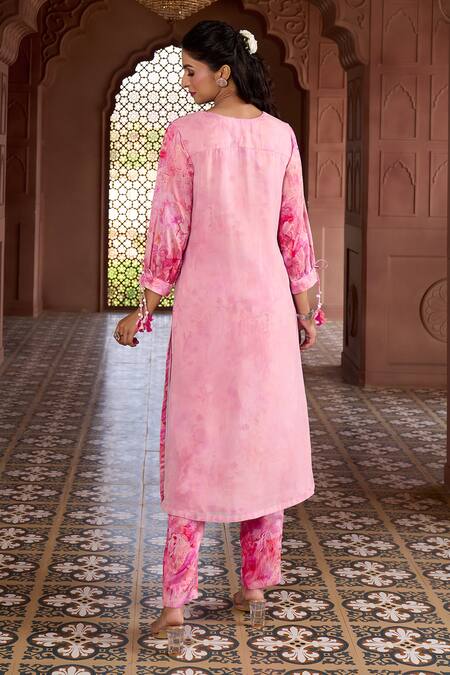 Shop Aariyana Couture Pink Silk, Chanderi, Viscose, Organza Cherry Blossom Print Kurta And Pant Set at Aza Fashions Shop_Aariyana Couture_Pink Silk, Chanderi, Viscose, Organza Cherry Blossom Print Kurta And Pant Set_at_Aza_Fashions