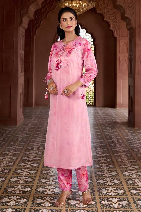 Aariyana Couture Pink Silk, Chanderi, Viscose, Organza Cherry Blossom Print Kurta And Pant Set Online at Aza Fashions Aariyana Couture_Pink Silk, Chanderi, Viscose, Organza Cherry Blossom Print Kurta And Pant Set_Online_at_Aza_Fashions