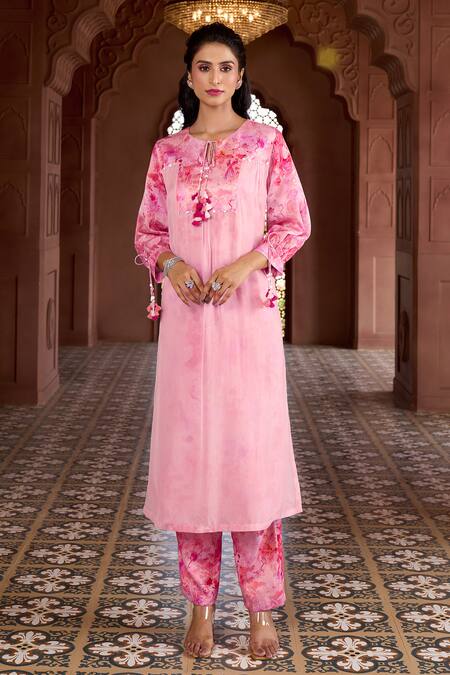 Buy Aariyana Couture Pink Silk, Chanderi, Viscose, Organza Cherry Blossom Print Kurta And Pant Set Online at Aza Fashions Buy_Aariyana Couture_Pink Silk, Chanderi, Viscose, Organza Cherry Blossom Print Kurta And Pant Set_Online_at_Aza_Fashions