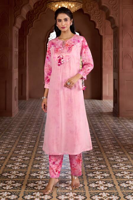 Shop Aariyana Couture Pink Silk, Chanderi, Viscose, Organza Cherry Blossom Print Kurta And Pant Set Online at Aza Fashions Shop_Aariyana Couture_Pink Silk, Chanderi, Viscose, Organza Cherry Blossom Print Kurta And Pant Set_Online_at_Aza_Fashions