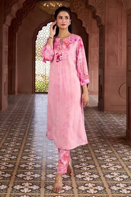 Aariyana Couture Pink Silk, Chanderi, Viscose, Organza Cherry Blossom Print Kurta And Pant Set at Aza Fashions Aariyana Couture_Pink Silk, Chanderi, Viscose, Organza Cherry Blossom Print Kurta And Pant Set_at_Aza_Fashions