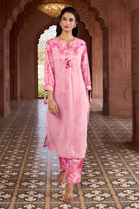 Buy Aariyana Couture Pink Silk, Chanderi, Viscose, Organza Cherry Blossom Print Kurta And Pant Set Buy_Aariyana Couture_Pink Silk, Chanderi, Viscose, Organza Cherry Blossom Print Kurta And Pant Set