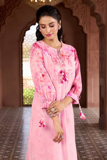 Shop Aariyana Couture Pink Silk, Chanderi, Viscose, Organza Cherry Blossom Print Kurta And Pant Set Shop_Aariyana Couture_Pink Silk, Chanderi, Viscose, Organza Cherry Blossom Print Kurta And Pant Set