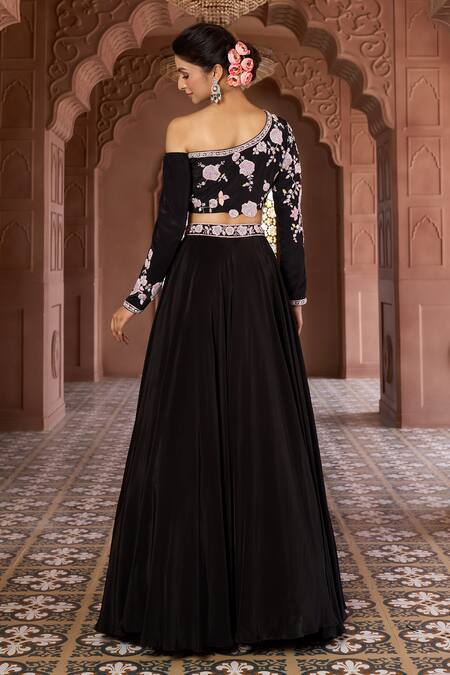 Shop Aariyana Couture Black Viscose Embroidery One Shoulder Floral Hand Blouse And Skirt Set at Aza Fashions Shop_Aariyana Couture_Black Viscose Embroidery One Shoulder Floral Hand Blouse And Skirt Set_at_Aza_Fashions