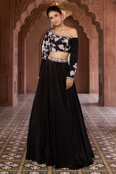 Aariyana Couture Black Viscose Embroidery One Shoulder Floral Hand Blouse And Skirt Set Online at Aza Fashions Aariyana Couture_Black Viscose Embroidery One Shoulder Floral Hand Blouse And Skirt Set_Online_at_Aza_Fashions
