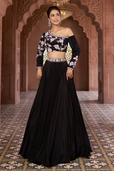 Buy Aariyana Couture Black Viscose Embroidery One Shoulder Floral Hand Blouse And Skirt Set Online at Aza Fashions Buy_Aariyana Couture_Black Viscose Embroidery One Shoulder Floral Hand Blouse And Skirt Set_Online_at_Aza_Fashions