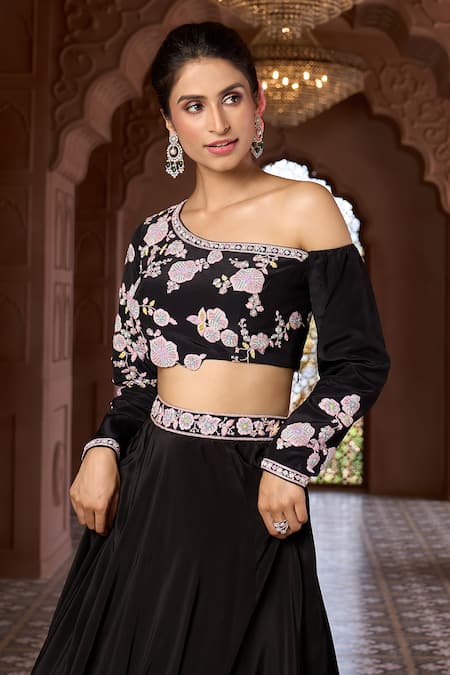 Aariyana Couture Black Viscose Embroidery One Shoulder Floral Hand Blouse And Skirt Set at Aza Fashions Aariyana Couture_Black Viscose Embroidery One Shoulder Floral Hand Blouse And Skirt Set_at_Aza_Fashions