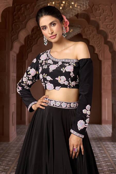 Buy Aariyana Couture Black Viscose Embroidery One Shoulder Floral Hand Blouse And Skirt Set Buy_Aariyana Couture_Black Viscose Embroidery One Shoulder Floral Hand Blouse And Skirt Set