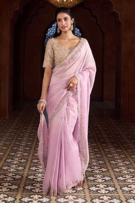 Buy Aariyana Couture Pink Tissue, Silk, Modal Beads, Embroidery Plunge Bordered Saree With Blouse Online at Aza Fashions Buy_Aariyana Couture_Pink Tissue, Silk, Modal Beads, Embroidery Plunge Bordered Saree With Blouse _Online_at_Aza_Fashions