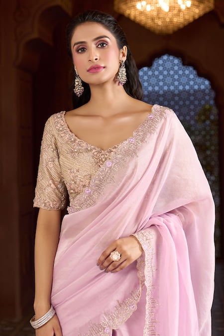 Shop Aariyana Couture Pink Tissue, Silk, Modal Beads, Embroidery Plunge Bordered Saree With Blouse Online at Aza Fashions Shop_Aariyana Couture_Pink Tissue, Silk, Modal Beads, Embroidery Plunge Bordered Saree With Blouse _Online_at_Aza_Fashions