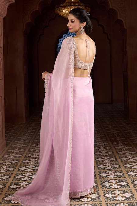 Buy Aariyana Couture Pink Tissue, Silk, Modal Beads, Embroidery Plunge Bordered Saree With Blouse Buy_Aariyana Couture_Pink Tissue, Silk, Modal Beads, Embroidery Plunge Bordered Saree With Blouse