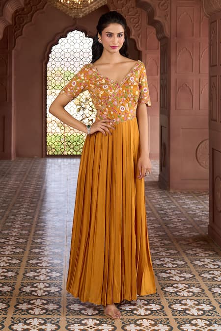 Aariyana Couture Yellow Modal Satin Embroidered Floral Plunged V Pleated And Gown 