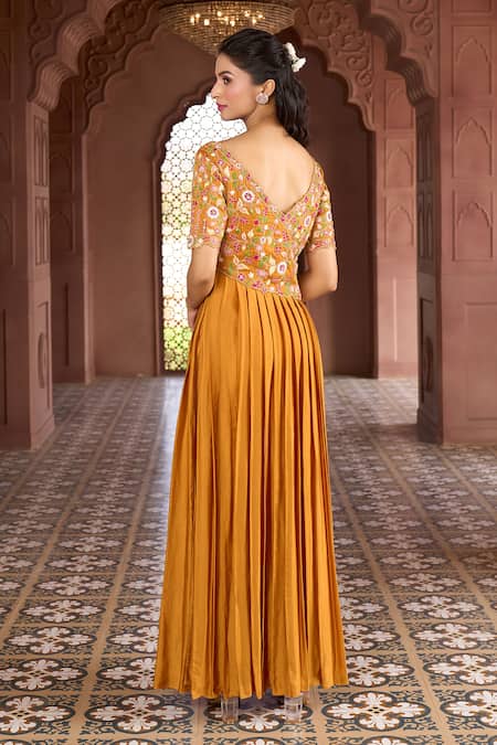 Aariyana Couture_Yellow Modal, Satin Embroidery Plunge Neck Pleated And Floral Gown _Online_at_Aza_Fashions
