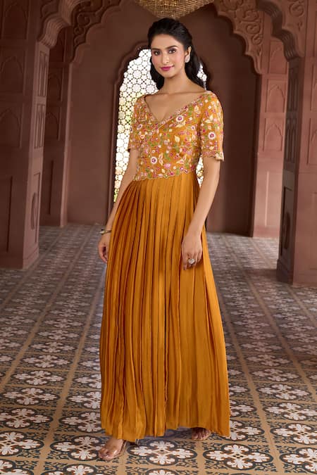 Buy_Aariyana Couture_Yellow Modal, Satin Embroidery Plunge Neck Pleated And Floral Gown _Online_at_Aza_Fashions