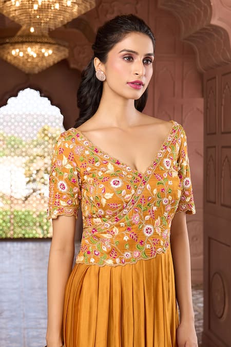 Shop_Aariyana Couture_Yellow Modal, Satin Embroidery Plunge Neck Pleated And Floral Gown _Online_at_Aza_Fashions