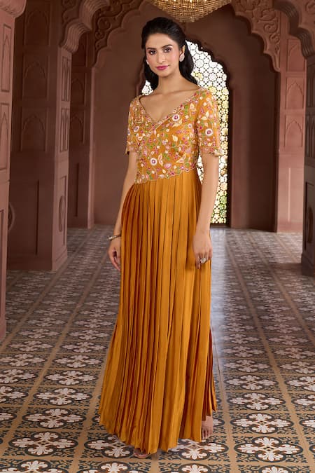 Aariyana Couture_Yellow Modal, Satin Embroidery Plunge Neck Pleated And Floral Gown _at_Aza_Fashions