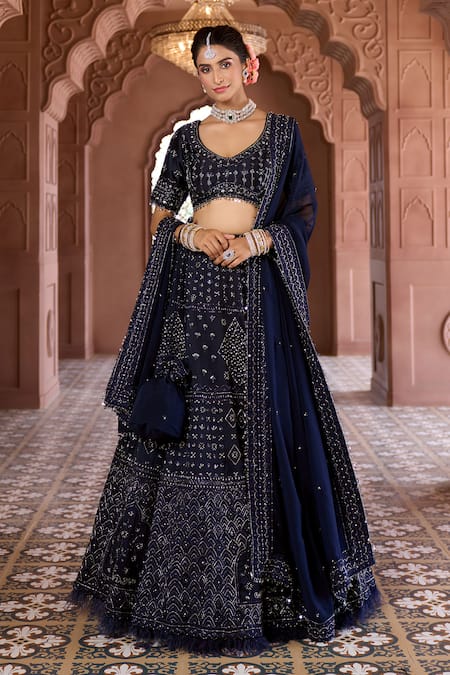 Buy_Aariyana Couture_Blue Silk, Chanderi, Viscose, Organza Sequins, Embroidery Shimmer Lehenga Set_Online_at_Aza_Fashions