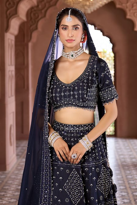 Shop_Aariyana Couture_Blue Silk, Chanderi, Viscose, Organza Sequins, Embroidery Shimmer Lehenga Set_Online_at_Aza_Fashions