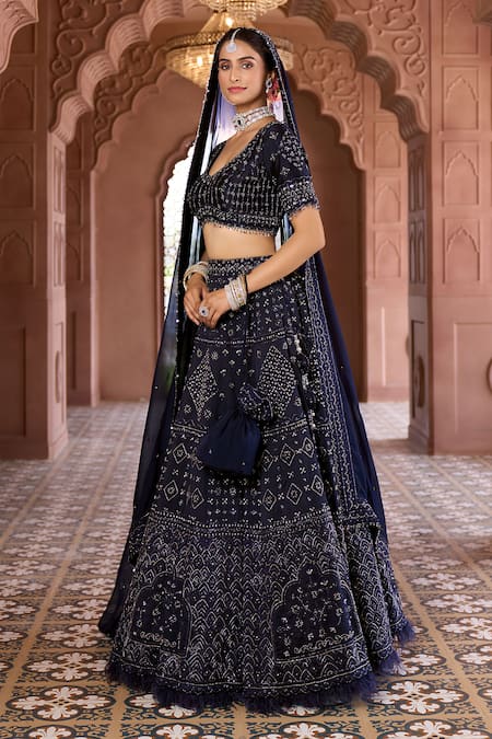 Buy_Aariyana Couture_Blue Silk, Chanderi, Viscose, Organza Sequins, Embroidery Shimmer Lehenga Set
