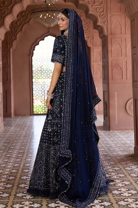 Shop_Aariyana Couture_Blue Silk, Chanderi, Viscose, Organza Sequins, Embroidery Shimmer Lehenga Set