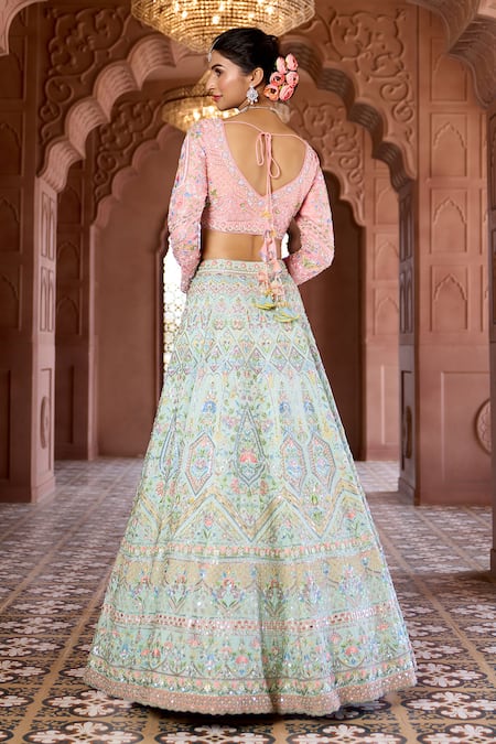 Aariyana Couture_Blue Silk, Viscose Embroidery, Tassels V-neck Raw Bridal Lehenga Set _Online_at_Aza_Fashions