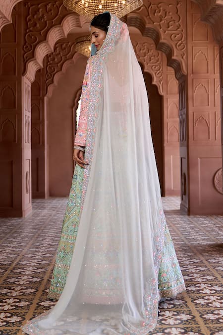 Shop_Aariyana Couture_Blue Silk, Viscose Embroidery, Tassels V-neck Raw Bridal Lehenga Set _Online_at_Aza_Fashions