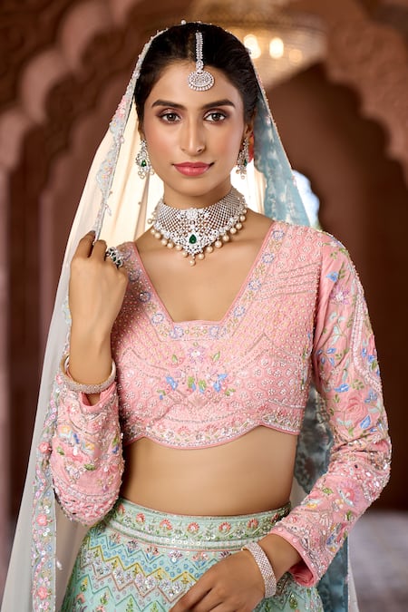 Aariyana Couture_Blue Silk, Viscose Embroidery, Tassels V-neck Raw Bridal Lehenga Set _at_Aza_Fashions